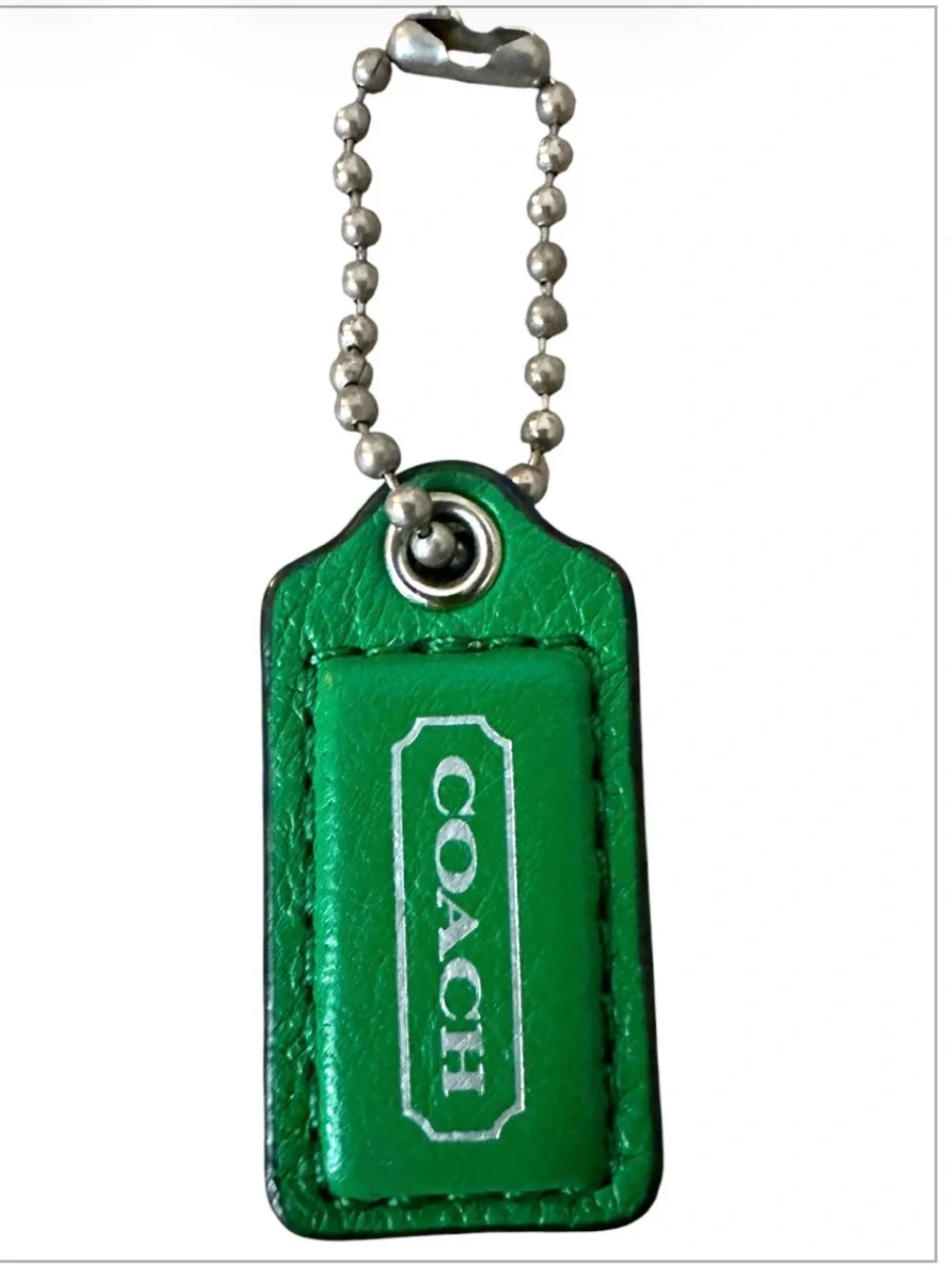Coach Green Leather Logo Keychain - Hangtag with Silver Hardware